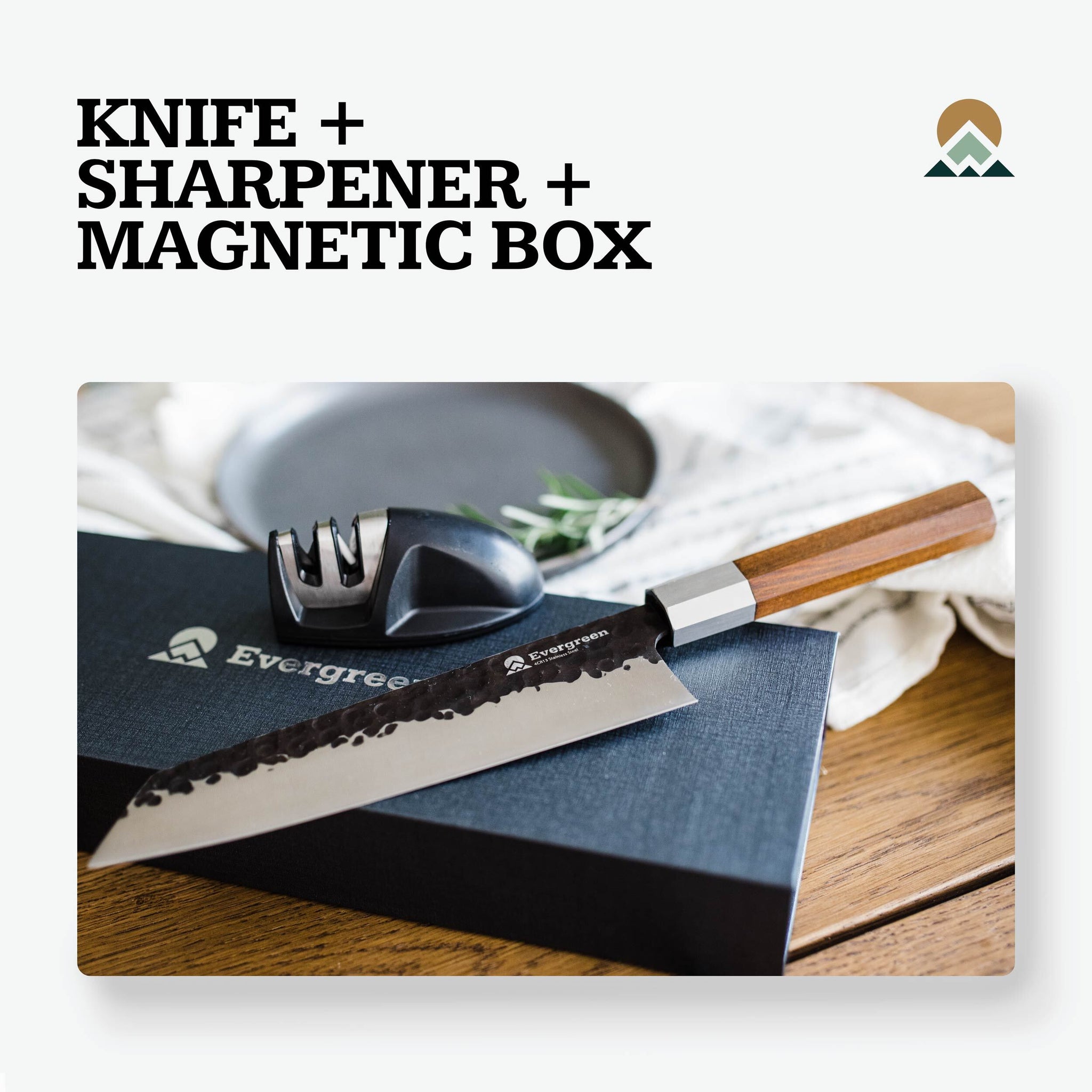 Evergreen 8” Professional Classic Chef Knife, Stainless Steel, Great for Paring, Dicing, Cutting with Octagon Wood Handle, Blade Sharpener and Gift Box